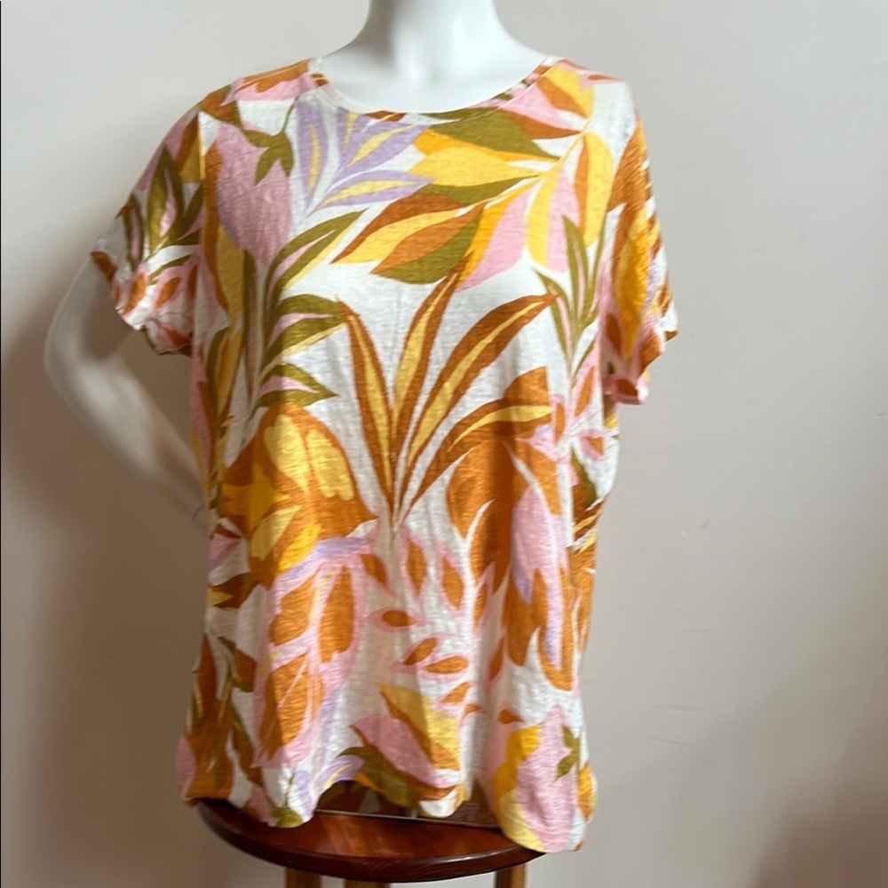 C&C California linen Gold and Pink Relaxed Short Sleeve Blouse